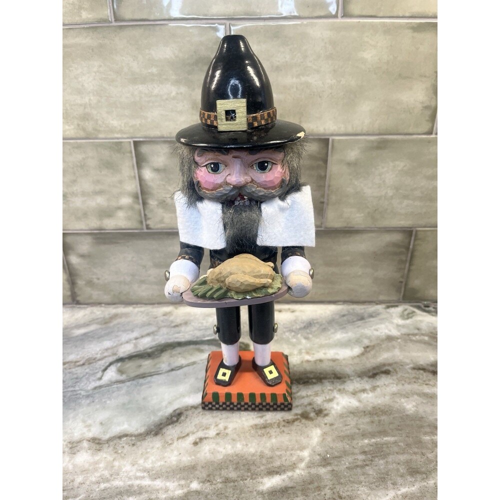 Vintage BRN Designs Nutcracker Pilgrim Holding Turkey Thanksgiving Decor 11.5”